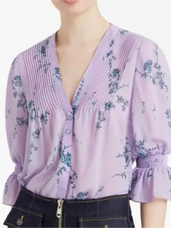 cinq a sept Tops - Cinq a Sept Jennings Medium Lilac Floral Pintuck Button Front V-Neck Blouse EUC